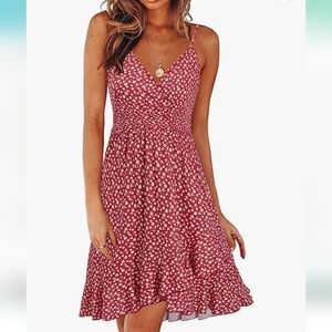 Summer Red Floral Wrap V-Neck Adjustable Spaghetti Casual Ruffle Dress size M